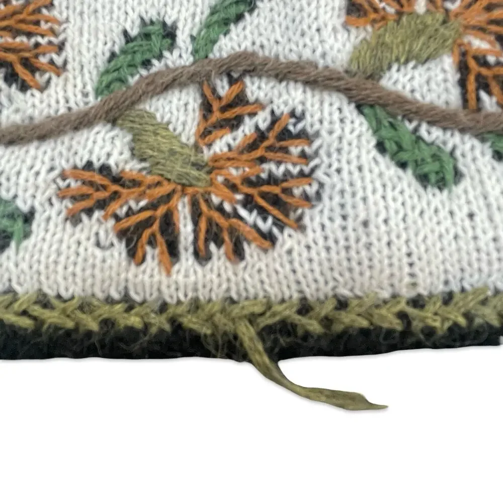 Peruvian Link Alpaca Knit Pom Pom Beanie Hat Black Cream Floral Fair Isle Boho